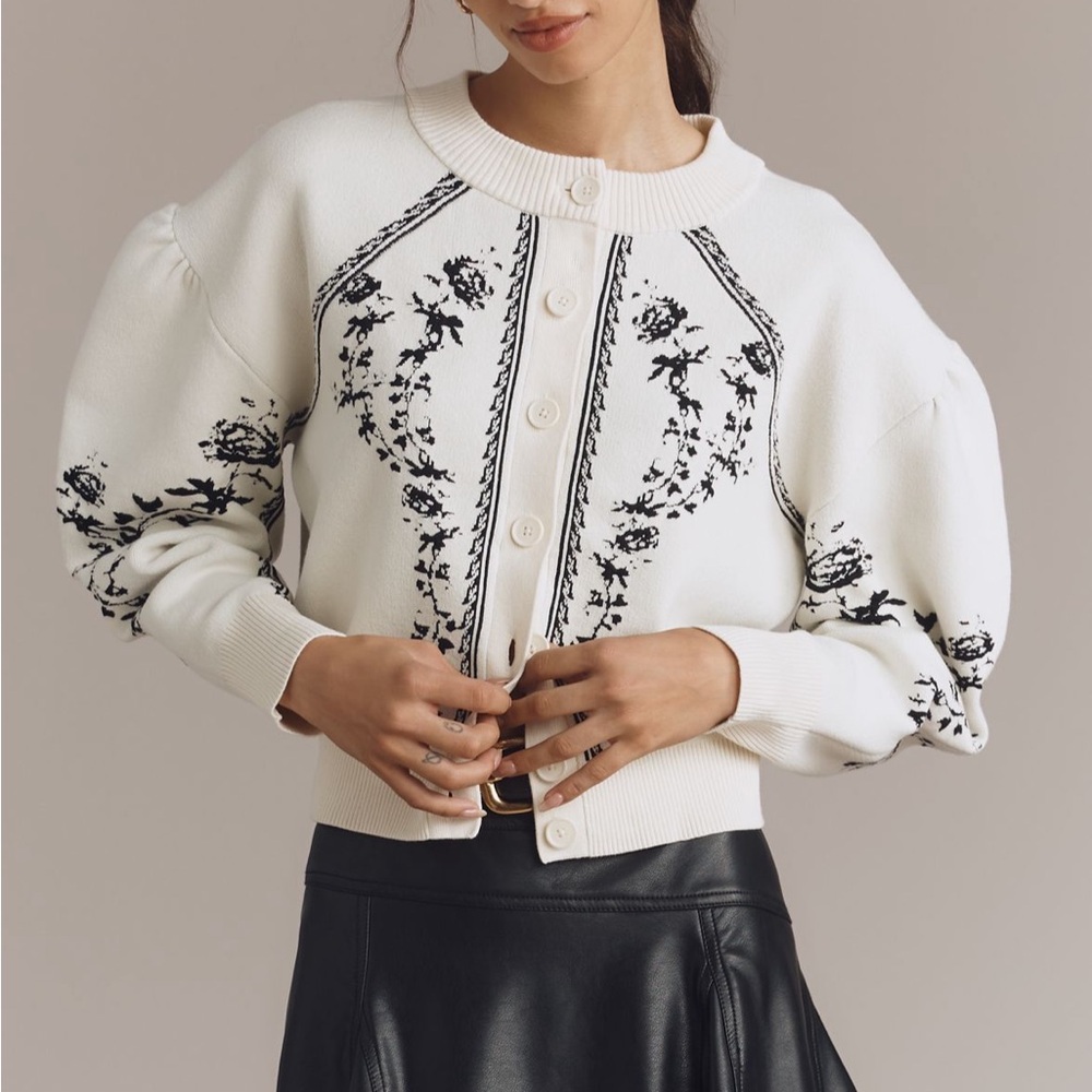 Anthropologie Puff Sleeve Cream and Black Button-Up Cardigan